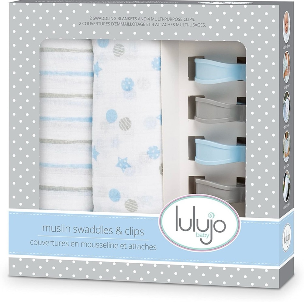 Lulujo muslin swaddles and clips